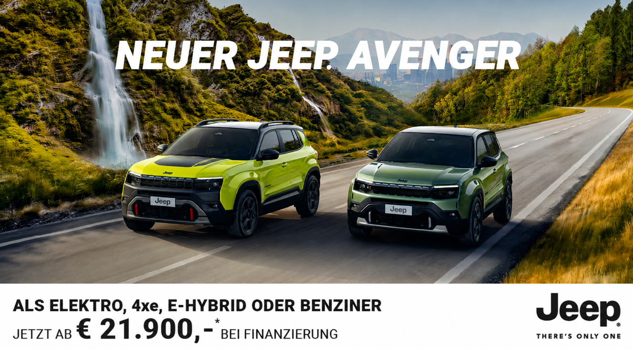 Foto mit folgendem Text: Der Jeep Avenger, zwei fahrende Autos auf der Straße