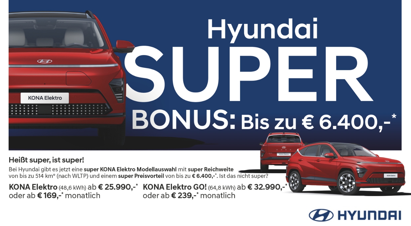 Foto: Hyundai KONA Elektro, (48,6 kWh) ab € 25.990,-* oder ab € 169,-* monatlich