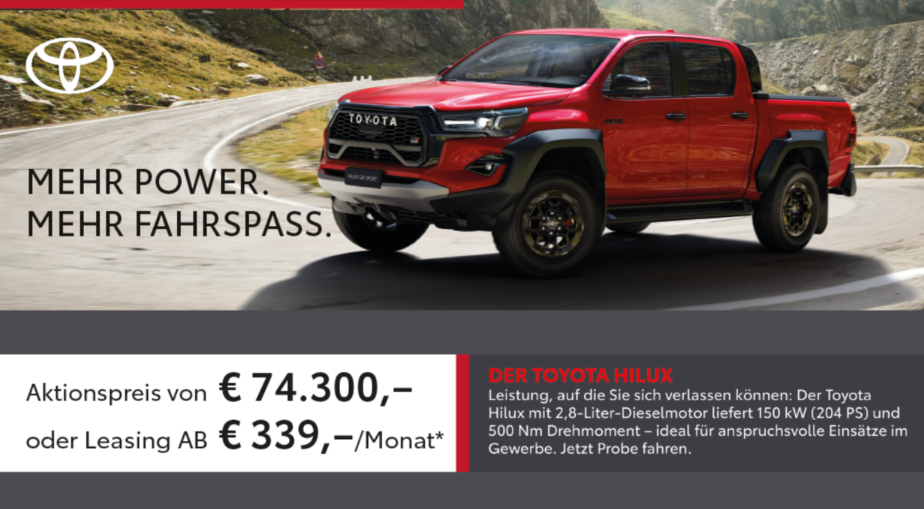 Foto: Toyota Hilux rot, Text Angebotspreis für Gewerbekunden € 74.400,-*