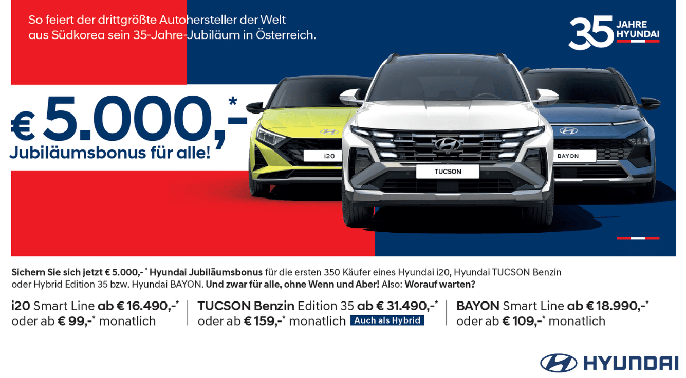 Foto: Hyundai Tucson weiß, i20 gelb, Bayon blau