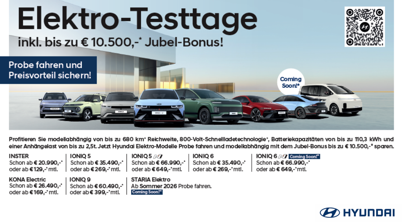 Foto: Hyundai Sujet, Elektro-Testtage Probe fahren und Preisvorteil sichern! inkl. bis zu € 10.500,-* Superbonus!