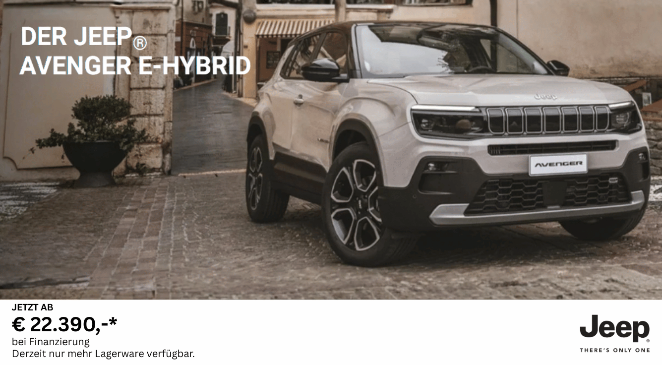 Foto mit folgendem Text: Schlagen Sie ein neues Kapitel mit ihrem Jeep® Avenger e-Hybrid auf: • Aktionspreis bei Finanzierung und Versicherung ab € 22.390*,-