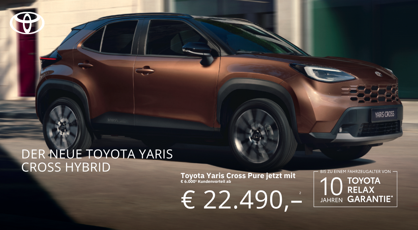Foto mit folgendem Text: Toyota Yaris Cross Hybrid, fahrend, Straße, Bronze