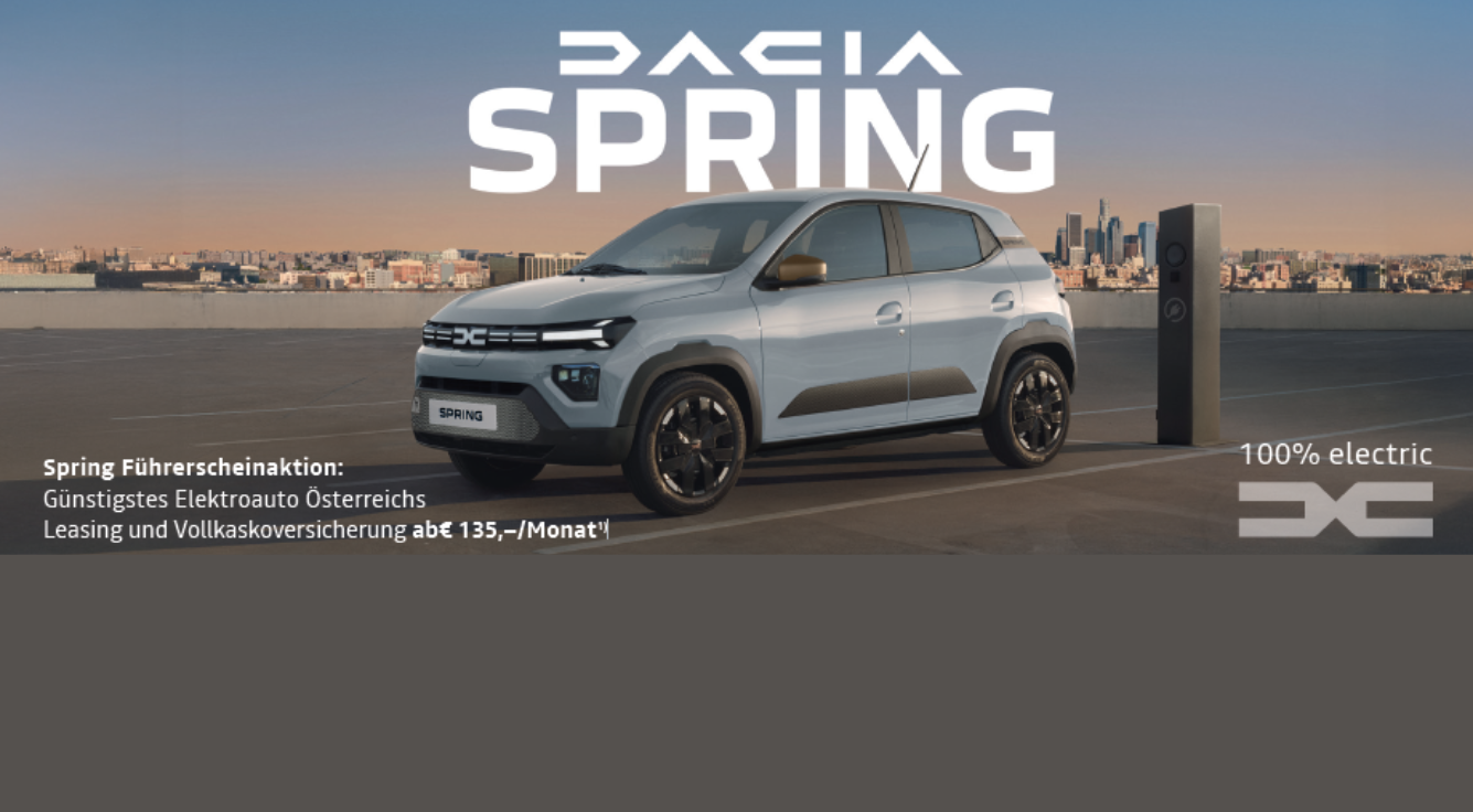 Foto mit folgendem Text: Spring Führerscheinaktion: Günstigstes Elektroauto Österreichs Leasing und Vollkaskoversicherung ab€ 135,–/Monat 1)
