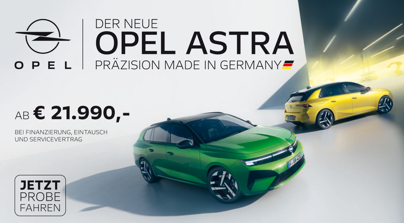 Foto mit folgendem Text: neuer Opel Astra grün und gelb, 125 Jahre Opel, ab E 21.990,- 
