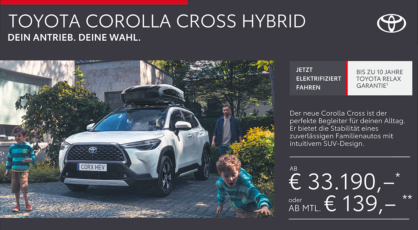 Foto mit folgendem Text: Toyota Corolla Cross Hybrid, ab € 33.190 oder monatlich ab € 139