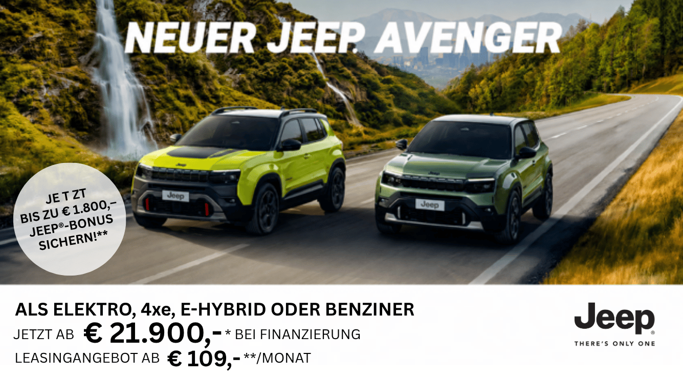 Foto mit folgendem Text: Der Jeep Avenger, zwei fahrende Autos auf der Straße