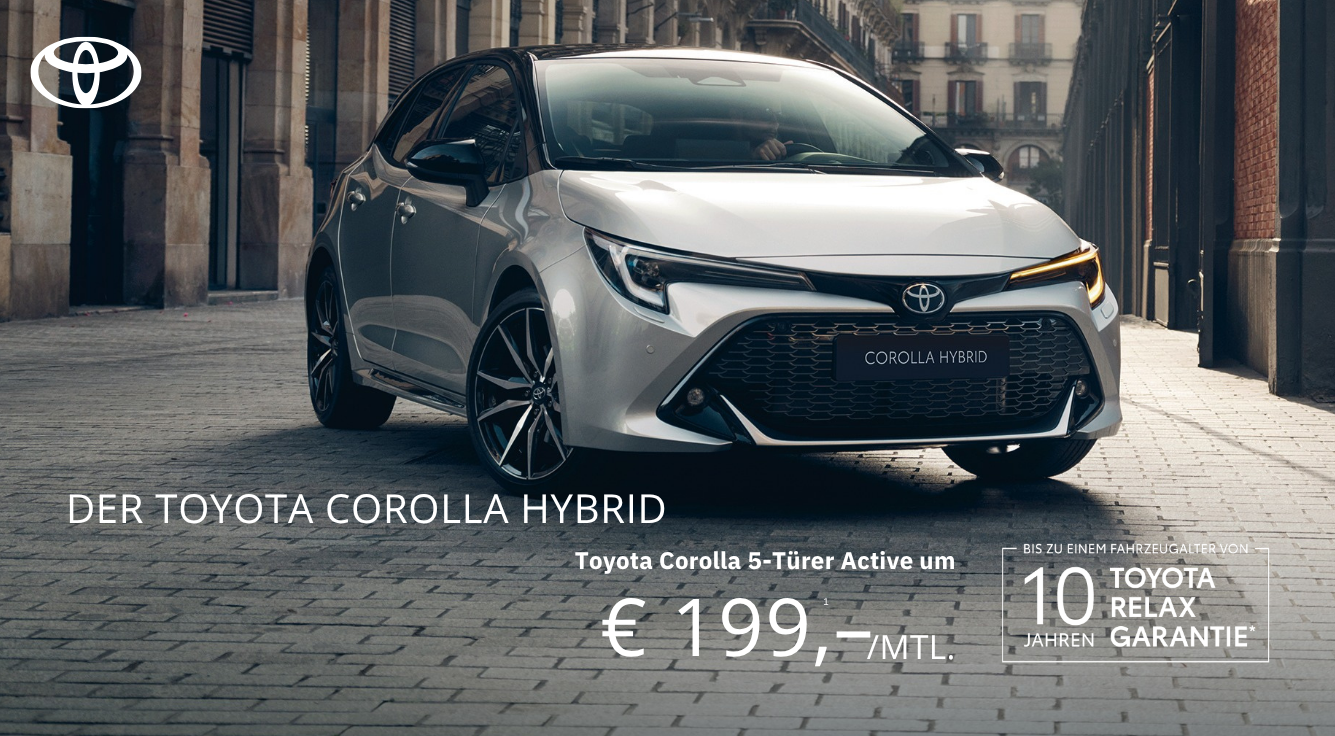 Foto mit folgendem Text: Corolla hybridauto, steht frontal auf der Straße