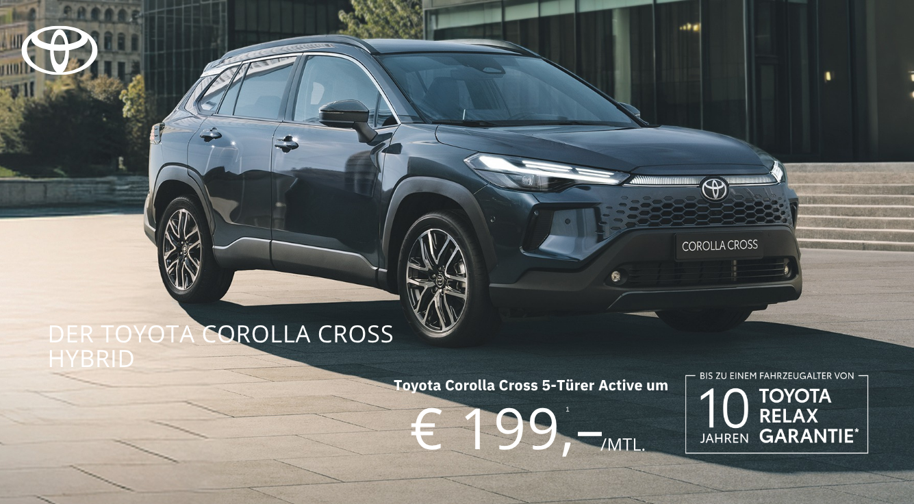 Foto mit folgendem Text: Toyota Corolla Cross Hybrid, ab monatlich ab € 199,-*