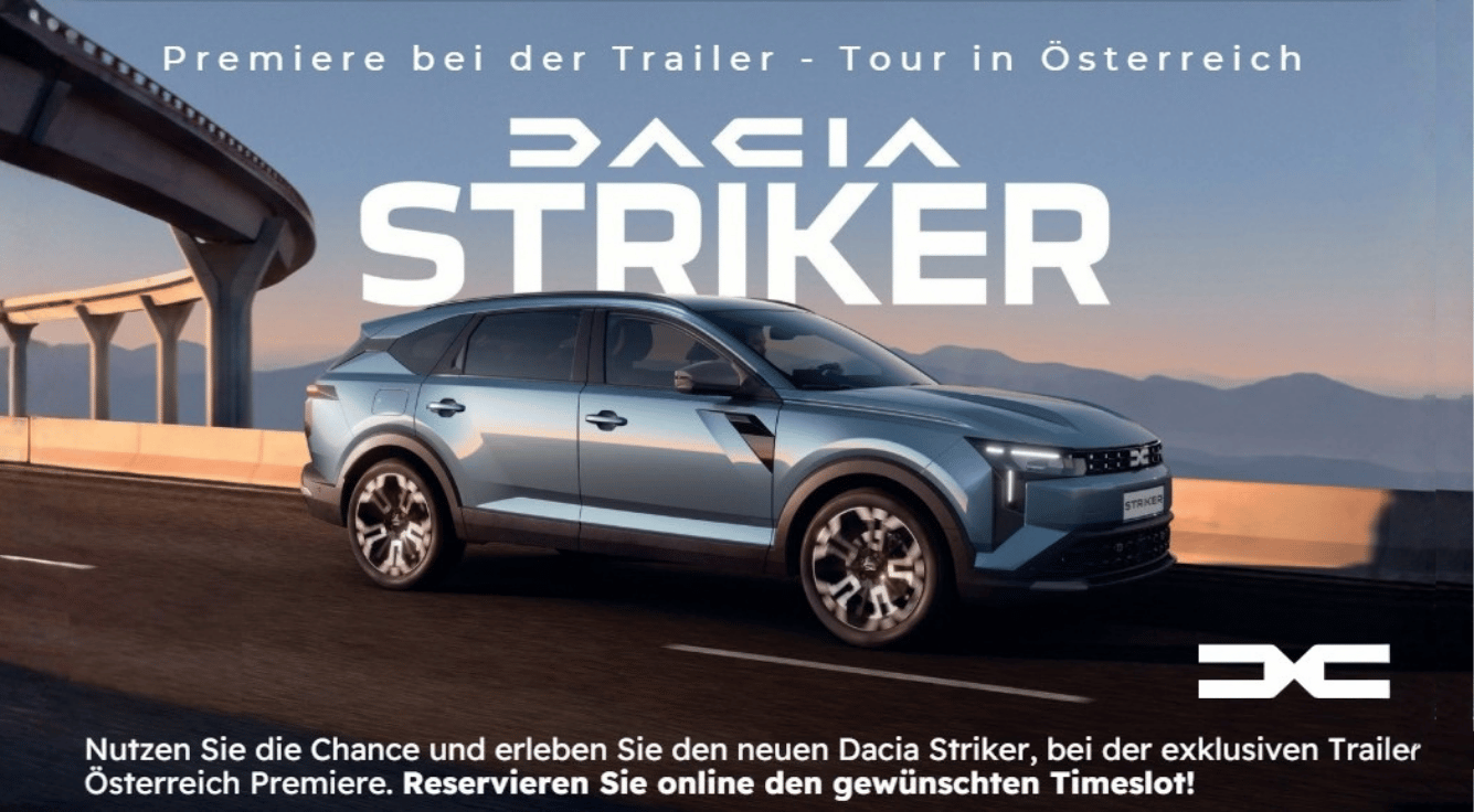 Dacia Striker auf der Straße fahrend, blau