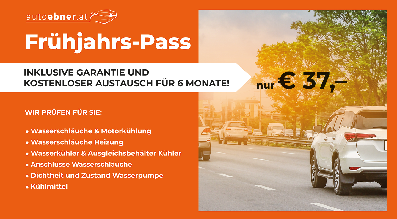 Bild, Auto auf der Straße, Rückansicht, Text: Frühlings-Pass