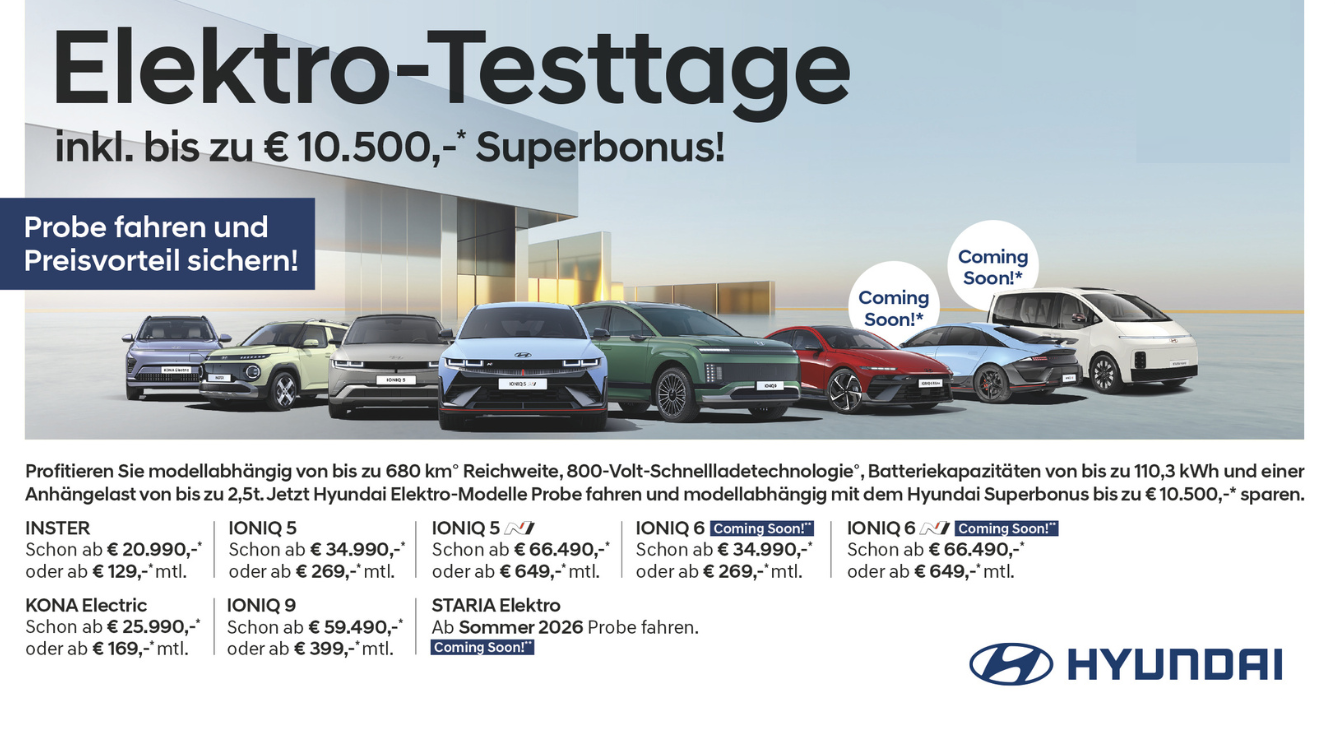 Foto: Hyundai Sujet, Elektro-Testtage  Probe fahren und Preisvorteil sichern! inkl. bis zu € 10.500,-* Superbonus!