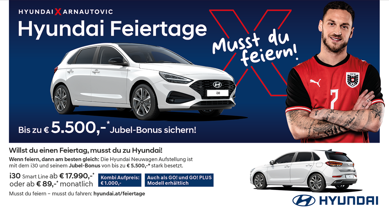 Foto: Bild mit Text: i30 weiß ab € 17.990,-* I Kombi Aufpreis: € 1.000,- oder ab € 89,-* monatlich