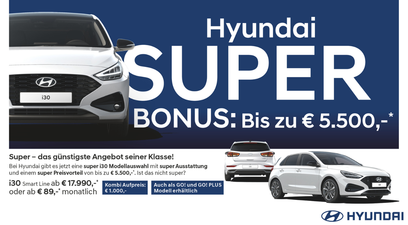 Foto: Bild mit Text: Auto i30 weiß, 3 Ansichten, Anzeige, Hyundai Super Bonus
