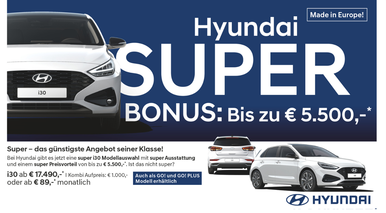 Foto: Bild mit Text: i30 weiß ab € 17.490,-* I Kombi Aufpreis: € 1.000,- oder ab € 89,-* monatlich