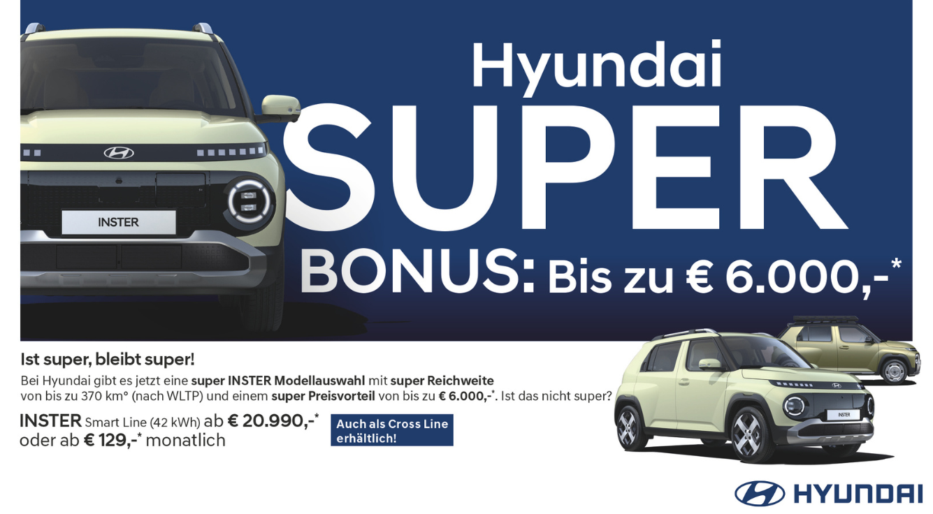 Foto: Hyundai Inster, grün, 3 Ansichten, Anzeige Super BONUS