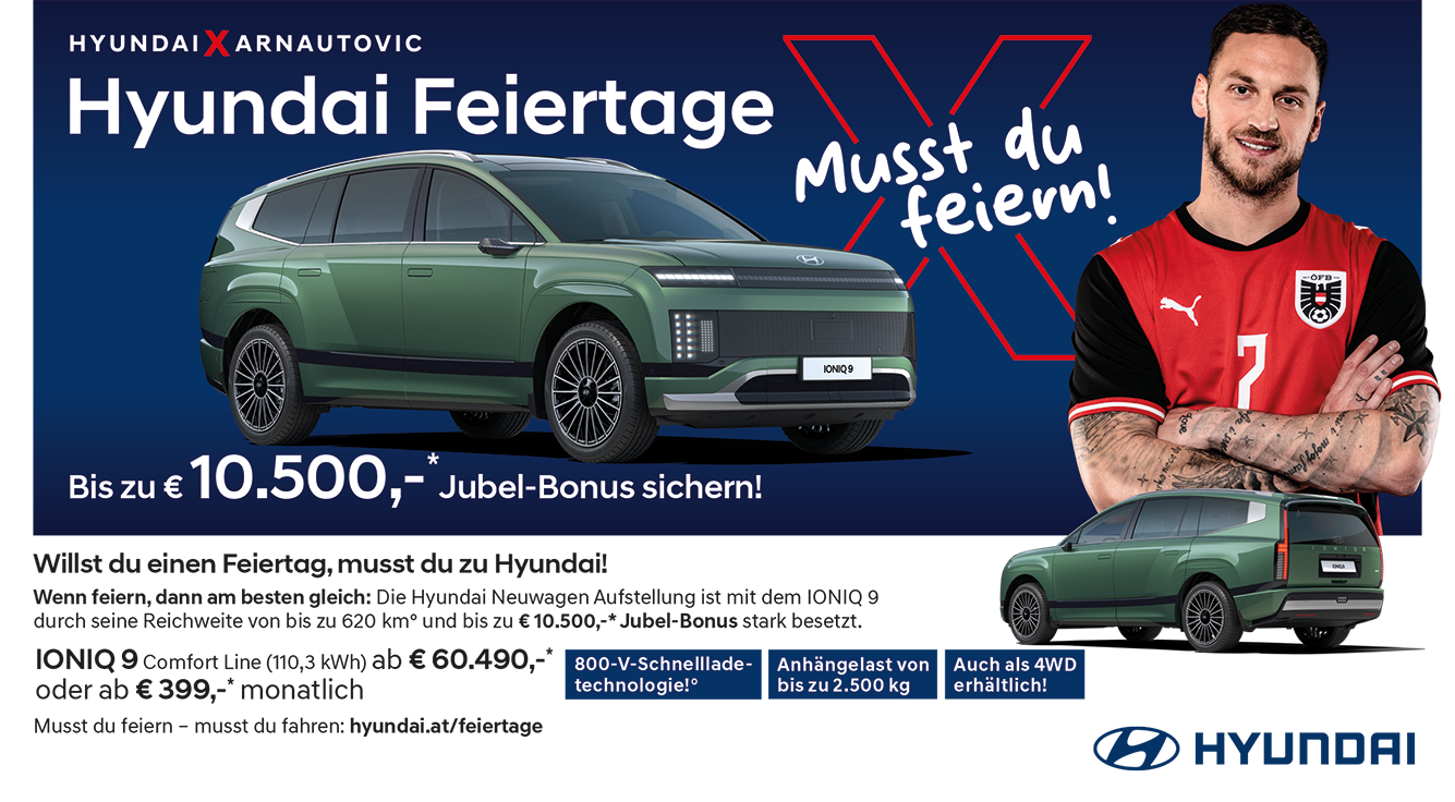 Bild: Hyundai IONIQ 9 in grün, Text: IONIQ 9 (110,3 kWh) ab € 60.490,-* oder ab € 399,-* monatlich