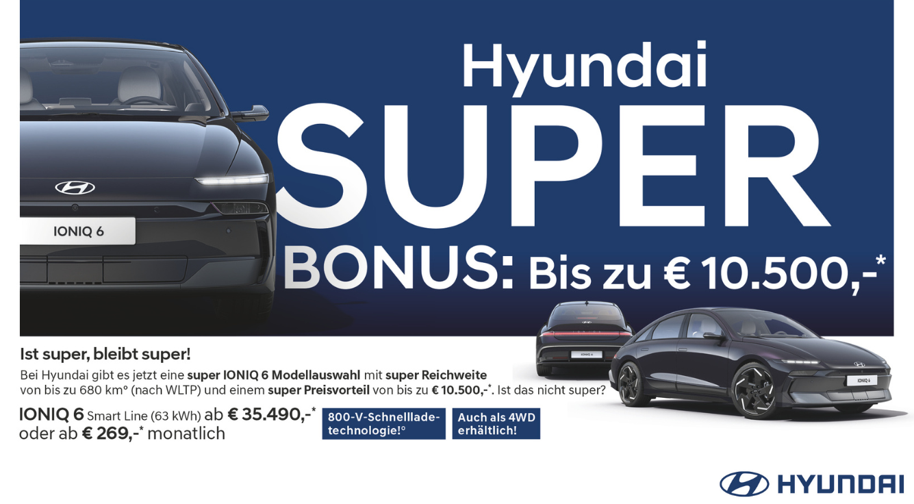 Der neue IONIQ 6 schwarz, 3 Ansichten, Anzeige Hyundai Super BONUS