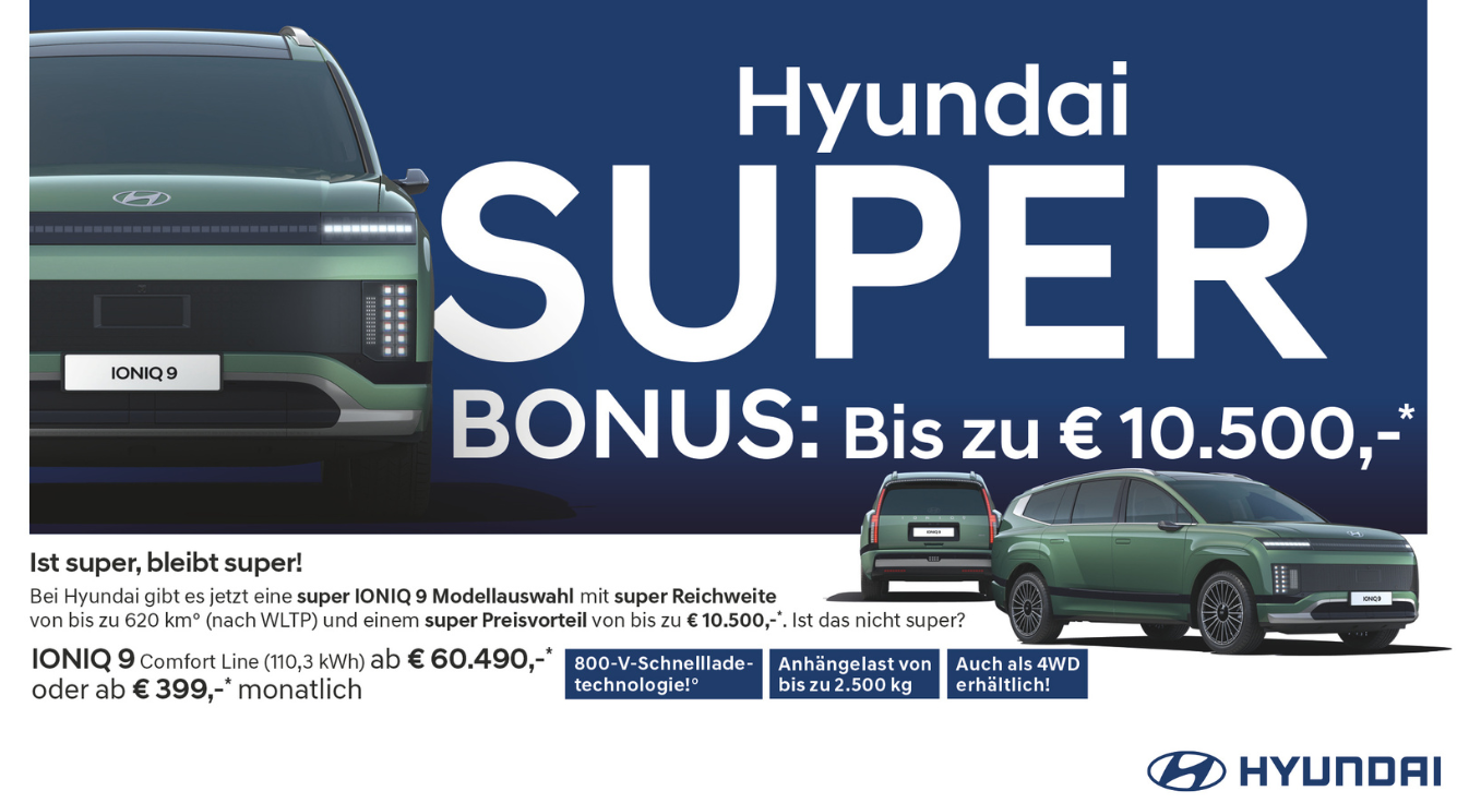 Bild: Hyundai IONIQ 9 in grün, 3 Ansichten, Annzeige hyundai Super BONUS