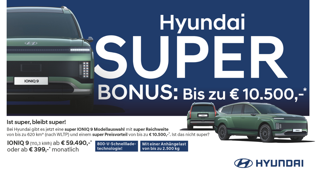 Bild: Hyundai IONIQ 9 in grün, Text: IONIQ 9 (110,3 kWh) ab € 59.490,-* oder ab € 399,-* monatlich