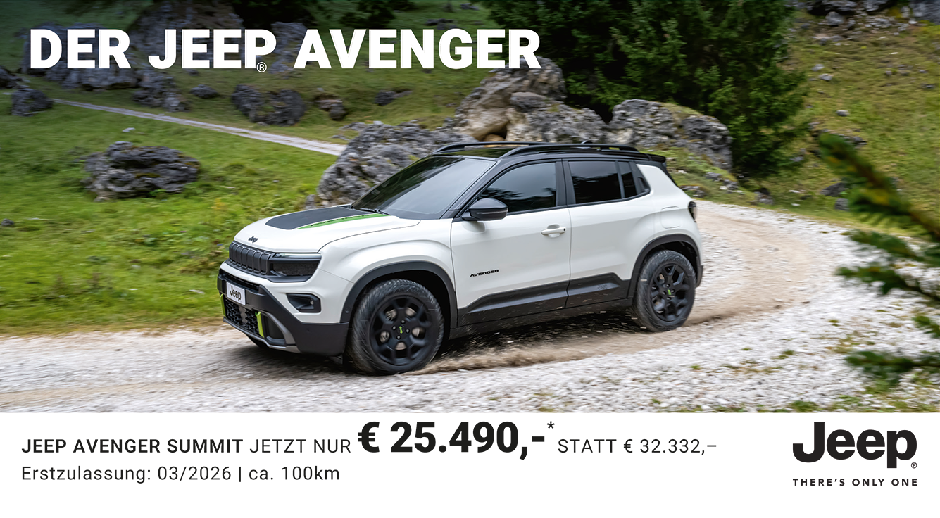 FotoJeep Avenger5 weiss, Straße Gelände Wald, seitlich