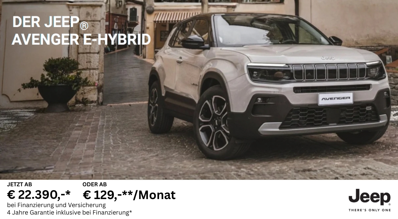 Foto mit folgendem Text: Schlagen Sie ein neues Kapitel mit ihrem Jeep® Avenger e-Hybrid auf:  • Aktionspreis bei Finanzierung und Versicherung ab € 22.390*,- 
