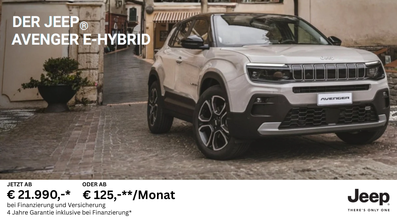 Foto mit folgendem Text: Schlagen Sie ein neues Kapitel mit ihrem Jeep® Avenger e-Hybrid auf:  • Aktionspreis bei Finanzierung und Versicherung ab € 21.9901  • Leasingangebot ab € 125 / Monat2  • 4 Jahre Garantie inklusive bei Finanzierung*