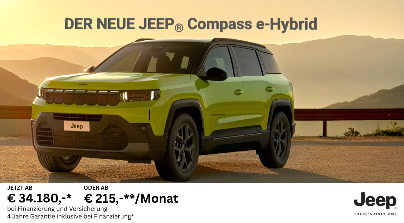 Foto mit folgendem Text: Der neue Jeep Compass e-Hybrid ab 215,-/Monat**