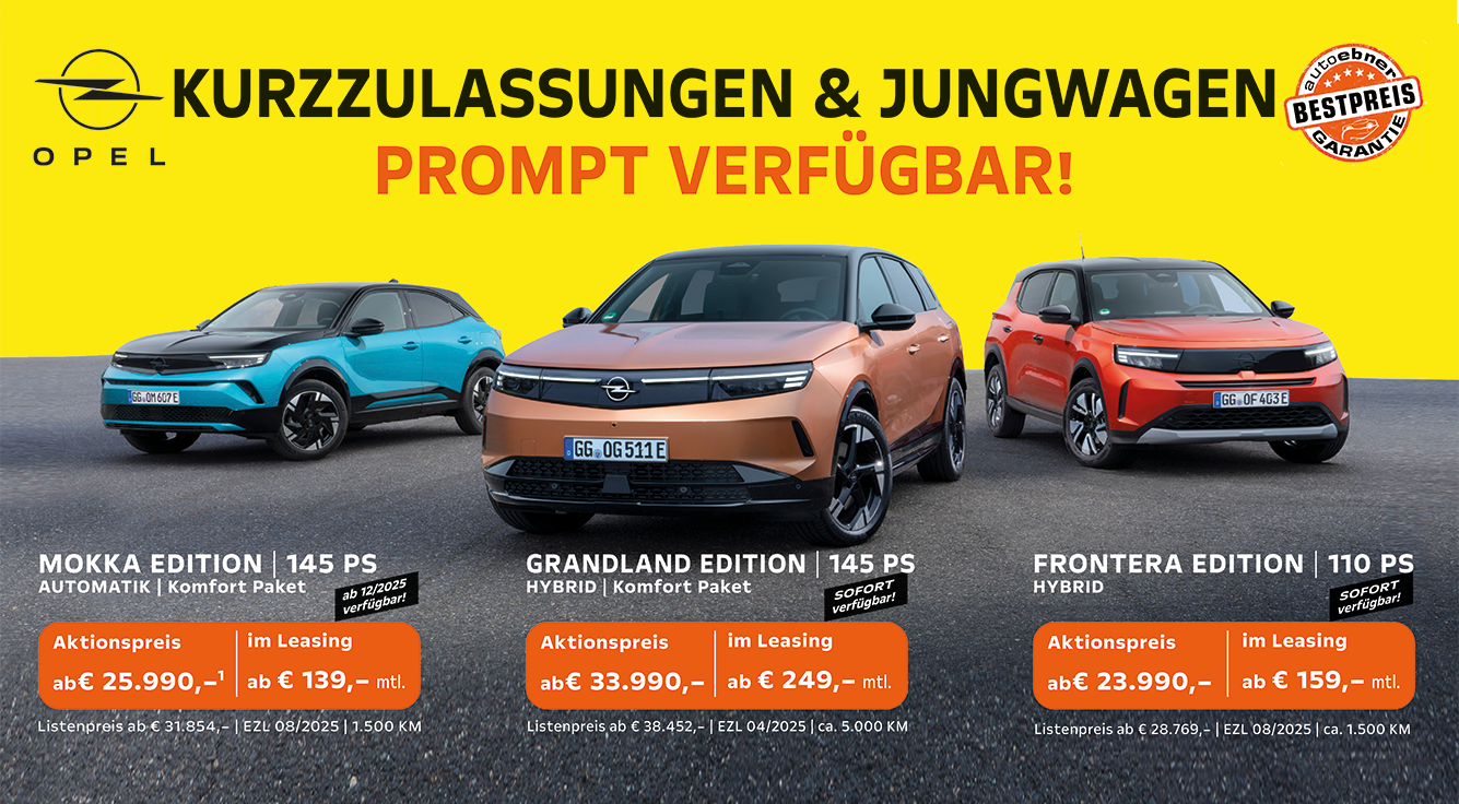 Foto mit folgendem Text: Opel Kurzzulassungen & Jungwagen Prompt verfügbar ab € 23.990,-