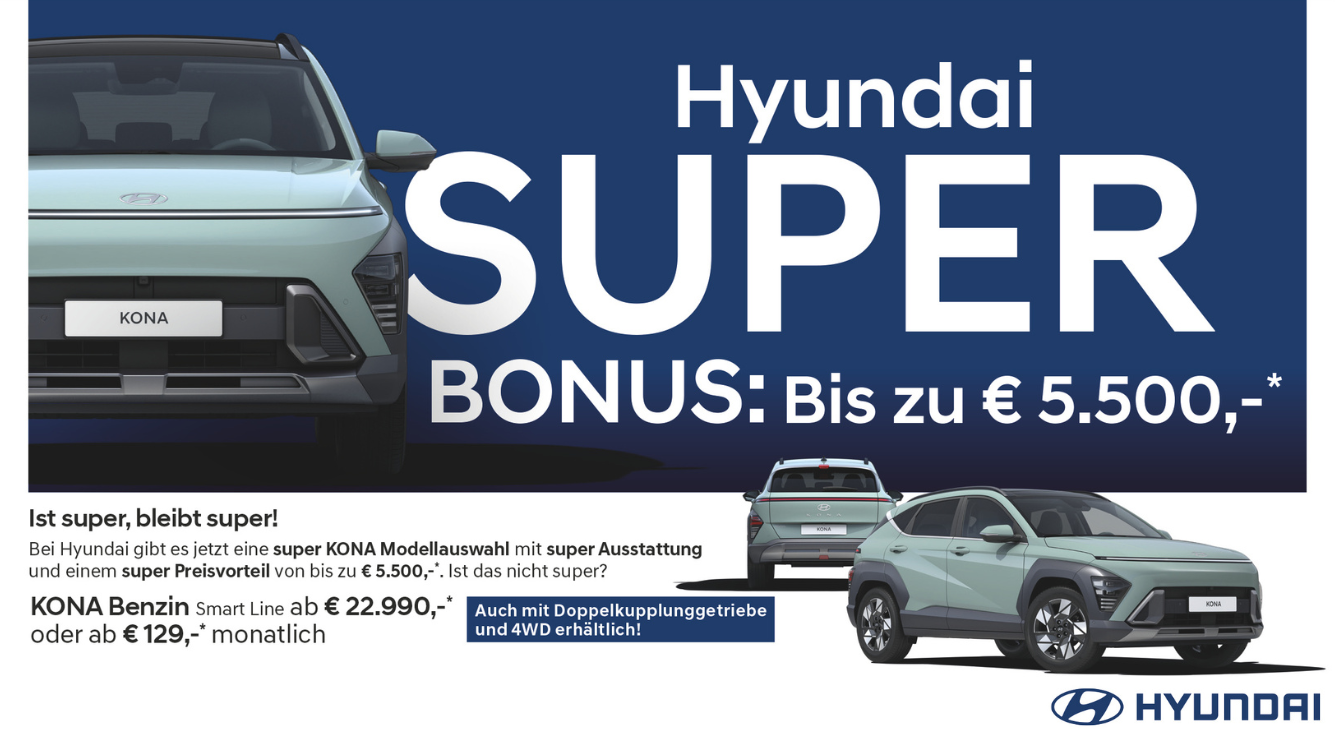 Foto: Hyundai Kona, grün, 3 Ansichten, Anzeige Super BONUS