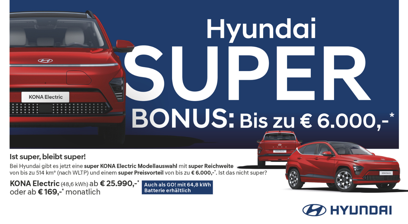 Foto: Hyundai KONA Elektro, (48,6 kWh) ab € 25.990,-* oder ab € 169,-* monatlich