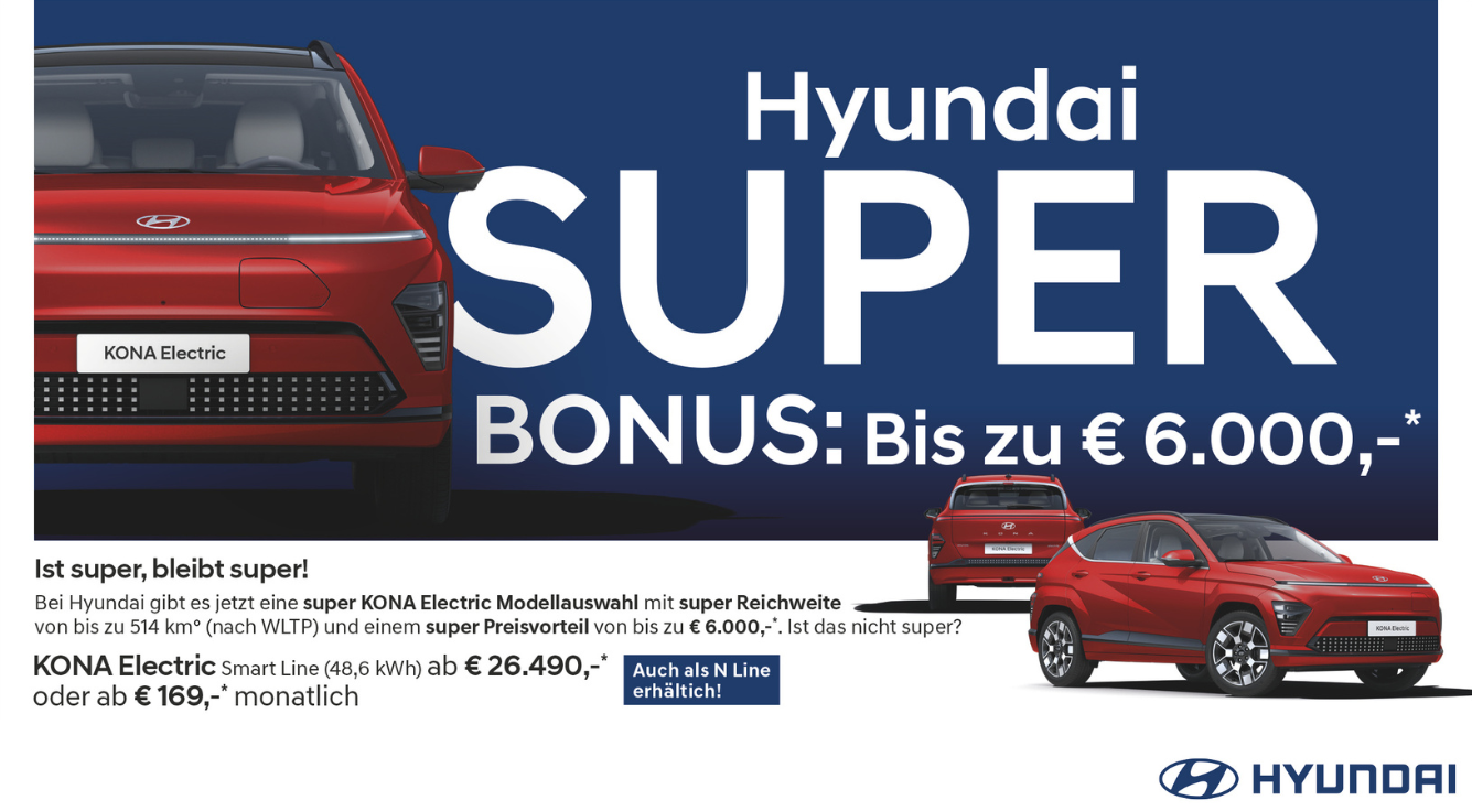 Foto: Hyundai KONA Elektro rot, 3 Ansichten, Anzeige Super BONUS