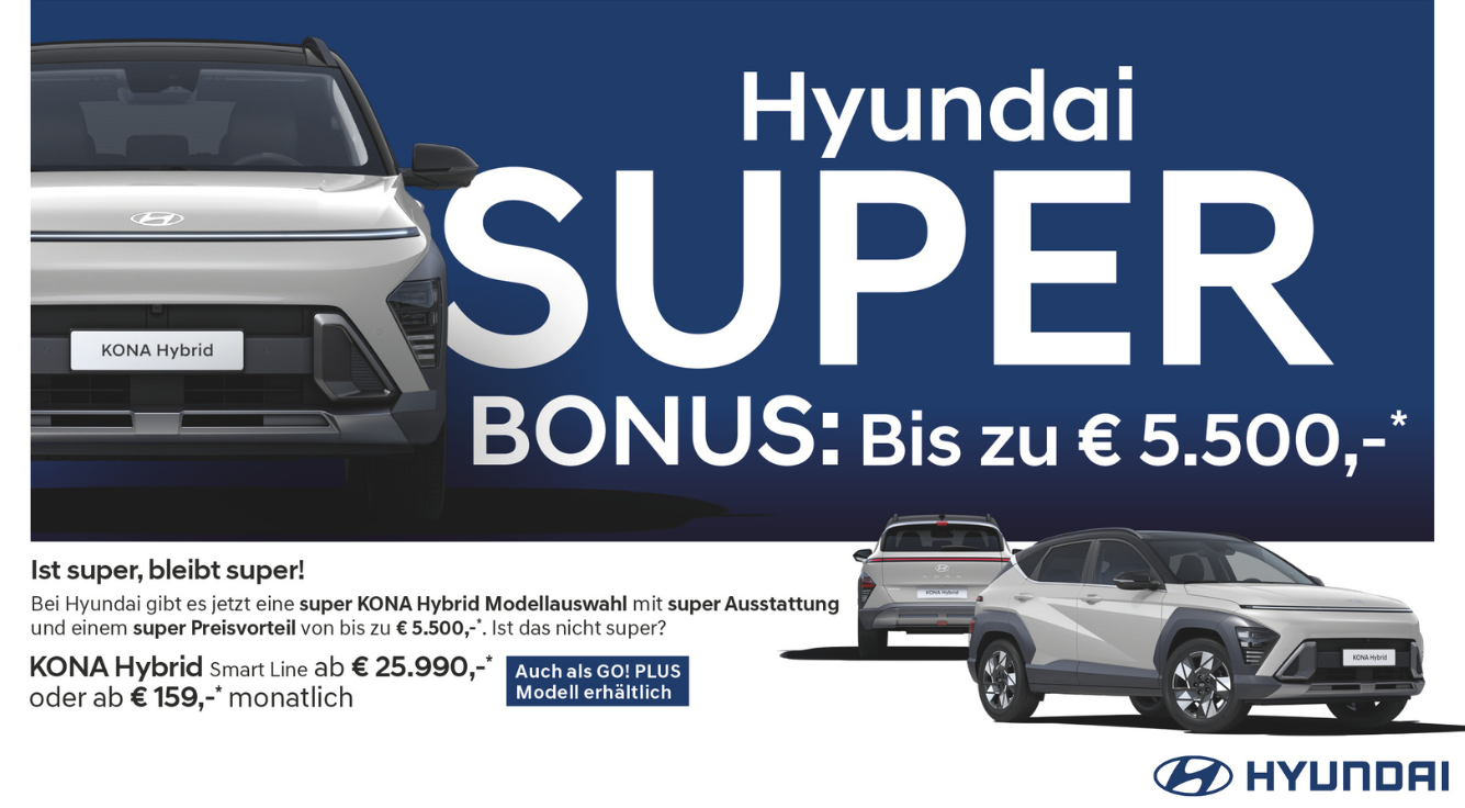Foto: Hyundai Kona, silber, 3 Ansichten, Anzeige Super BONUS