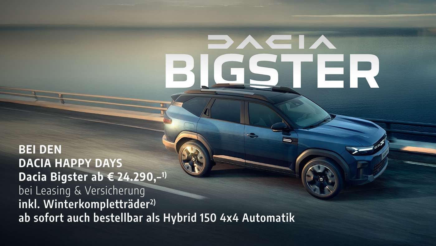 Foto mit folgendem Text: Dacia Bigster blau auf Brücke fahrend, Family SUV