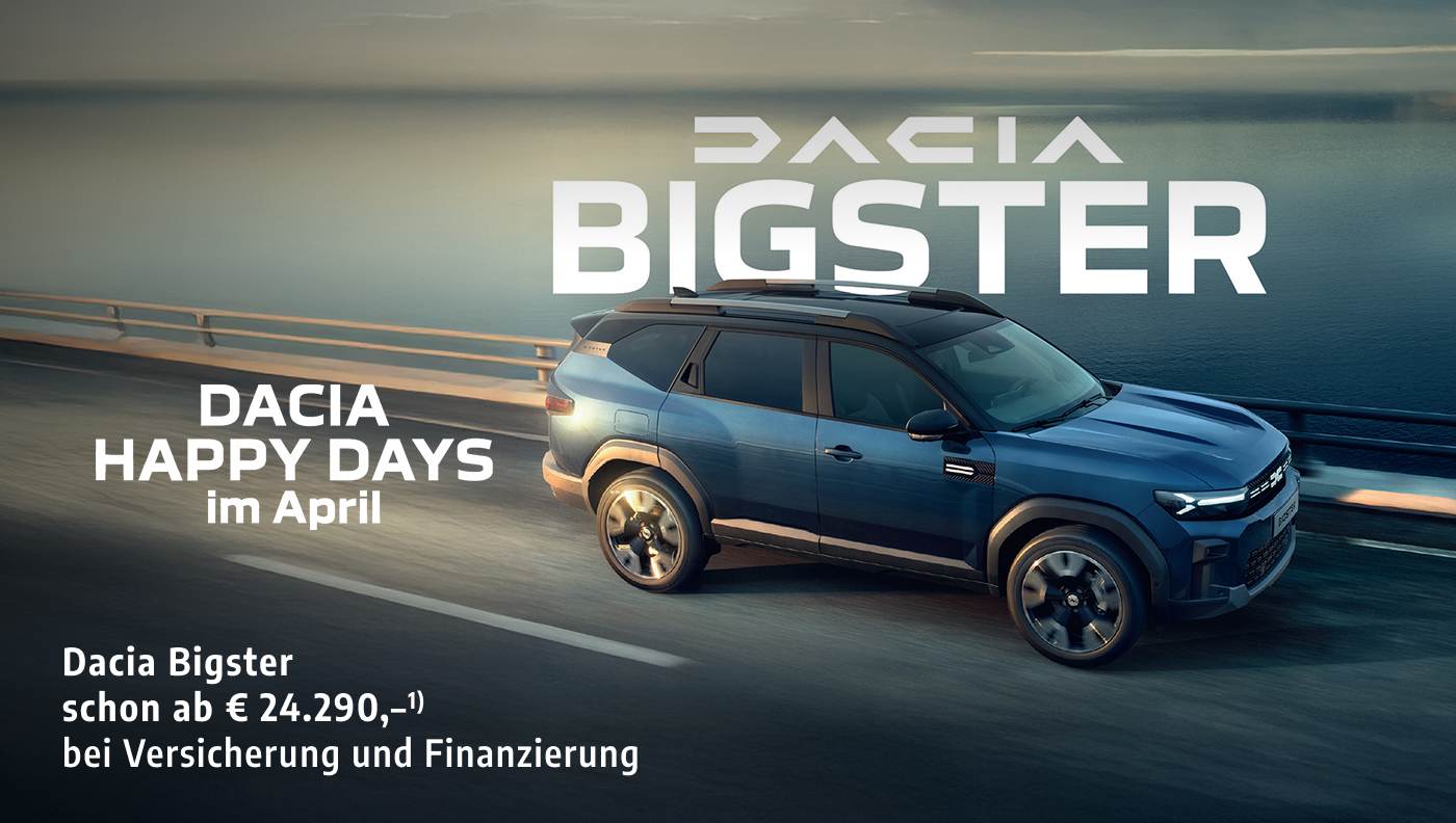 Foto mit folgendem Text: Dacia Bigster blau auf Brücke fahrend, Text: Dacia Bigster schon ab € 24.290,– 1) bei Versicherung und Finanzierung