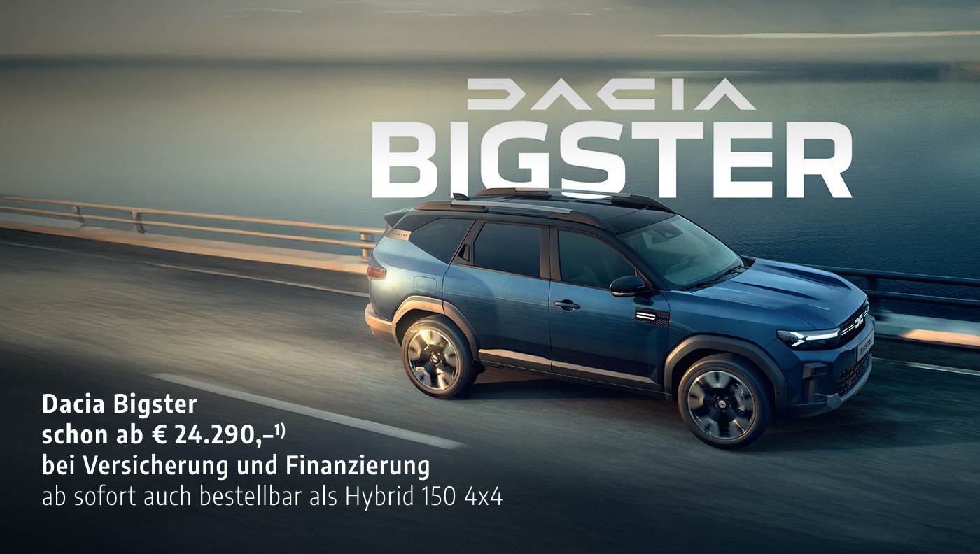 Foto mit folgendem Text: Dacia Bigster blau auf Brücke fahrend, Family SUV