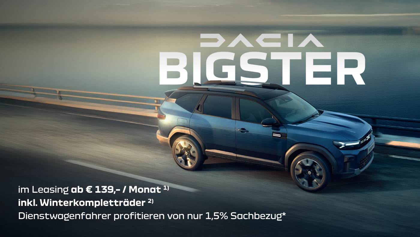 Foto mit folgendem Text: Dacia Bigster, schon ab € 23.990 inklusive Versicherungsbonus 