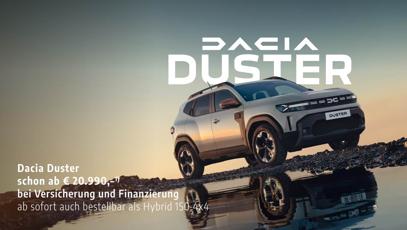 Foto mit folgendem Text: Dacia Duster, iDacia Duster schon ab € 20.990,– 1) bei Versicherung und Finanzierung