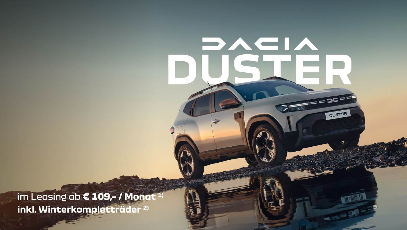 Foto mit folgendem Text: Dacia Duster,  schon ab € 109,-/Monat