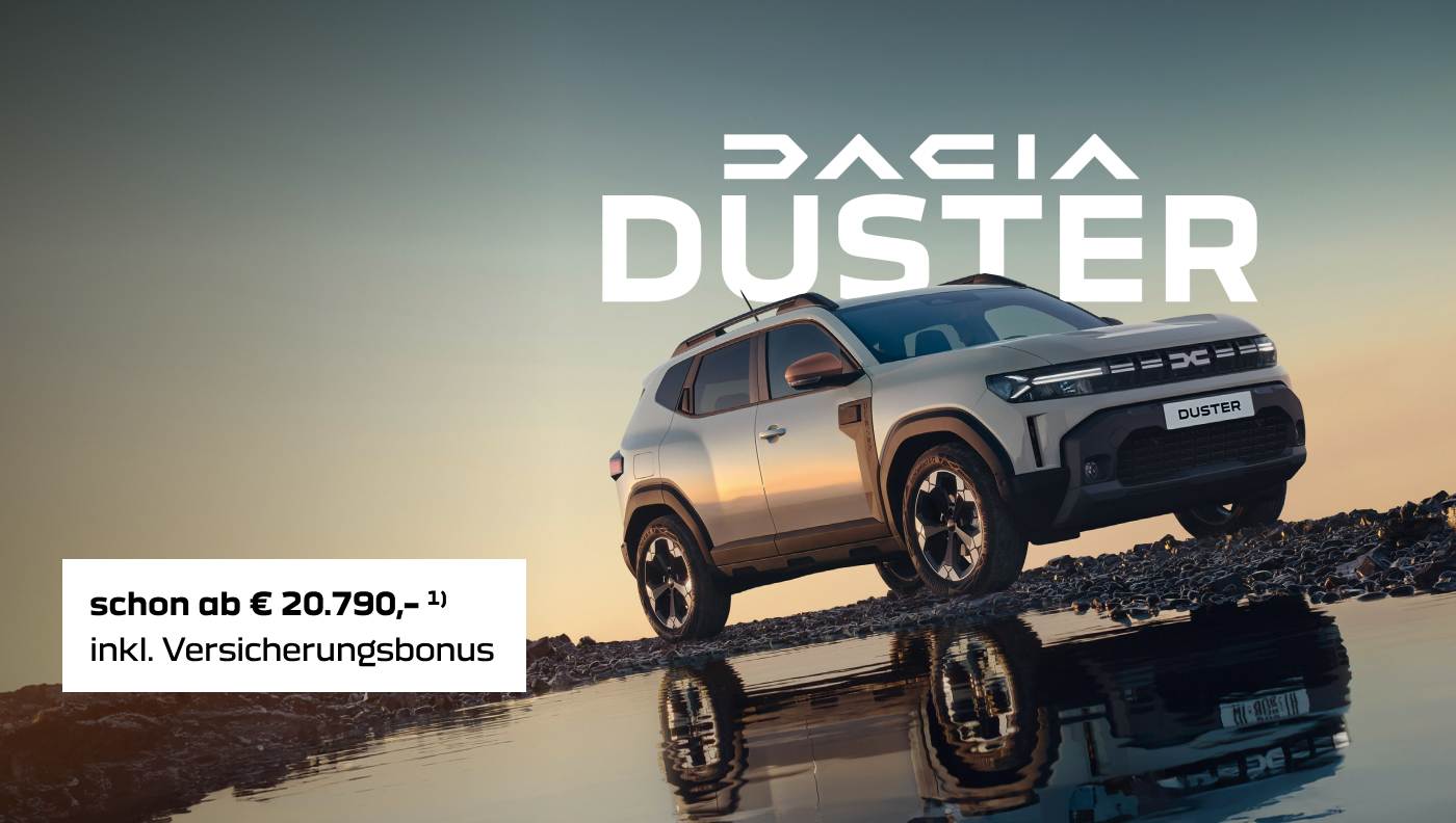 Foto mit folgendem Text: Dacia Duster,  schon ab € 20.790,-* inkl. Versicherungsbonus