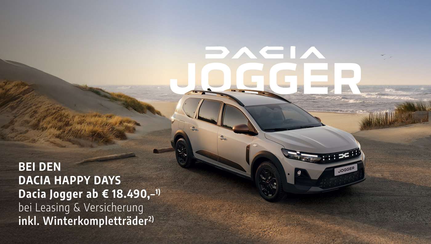 Foto mit folgendem Text: Dacia Jogger, Düne, Meer