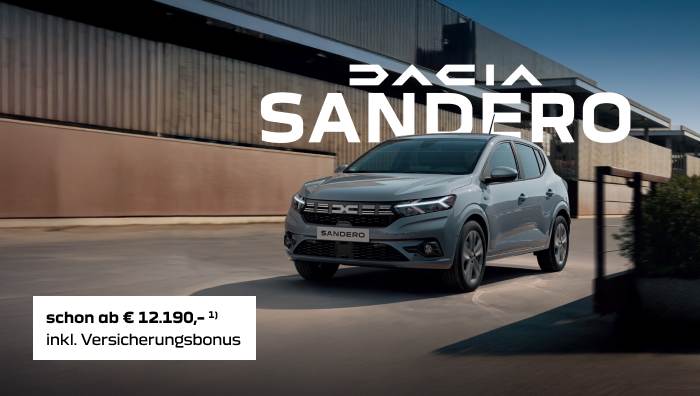 Foto mit folgendem Text: Dacia Sandero, inklusive Versicherungsbonus schon ab € 12.190