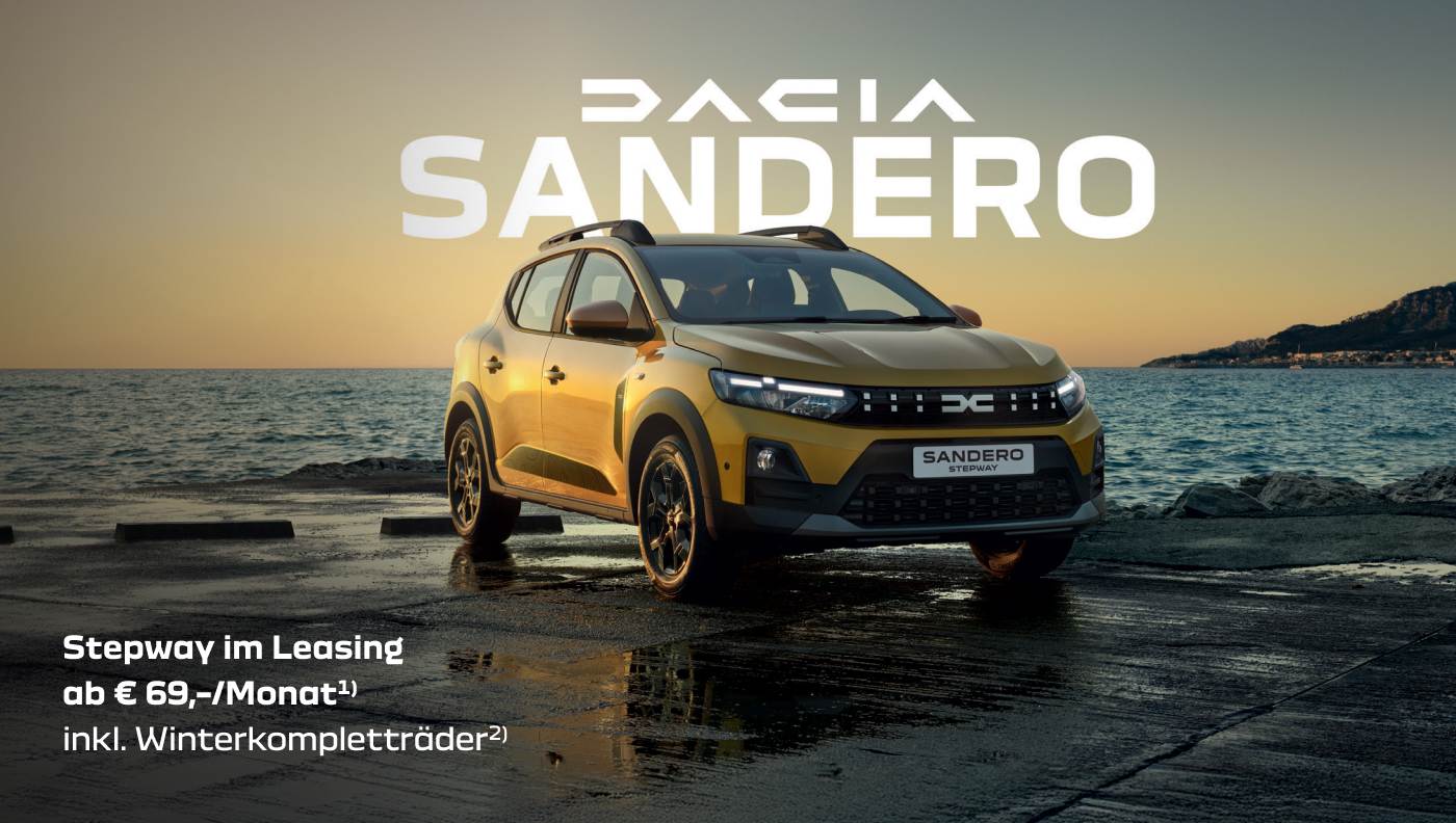 Foto mit folgendem Text: Dacia Sandero, Stepway im Leasing ab € 69*/ Monat inklusive Winterkompletträder 