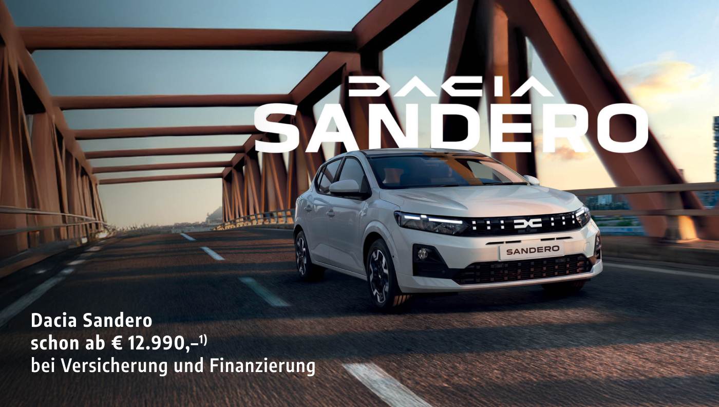 Foto mit folgendem Text: Dacia Sandero fährt auf einer Brücke, weiß, Kleinwagen