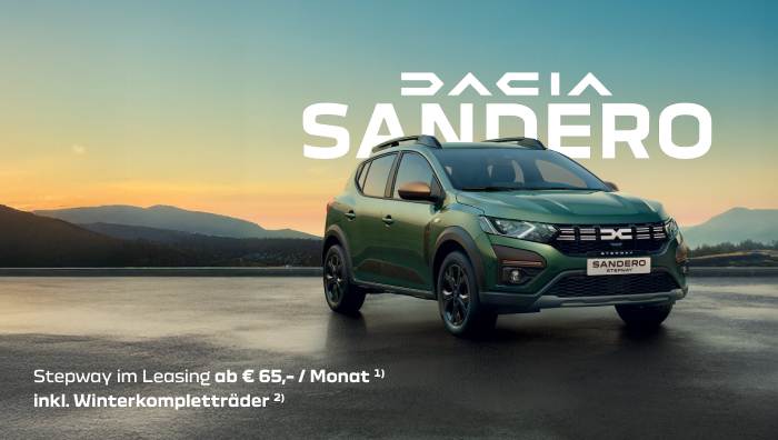 Foto mit folgendem Text: Dacia Sandero, Stepway im Leasing ab € 70/ Monat inklusive Winterkompletträder 
