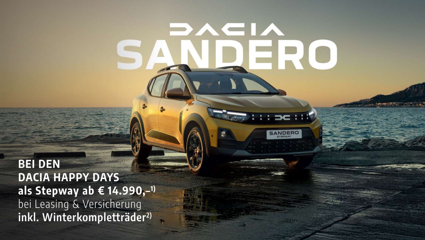 Foto mit folgendem Text: Dacia Sandero fährt auf einer Brücke, gelb, Kleinwagen