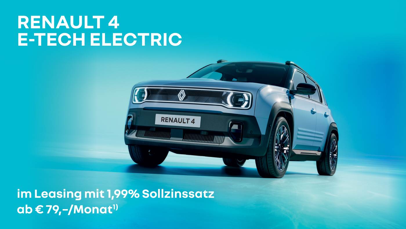 Foto mit folgendem Text: Renault 4 E-Tech Electric Leasing ab € 79/Monat* 