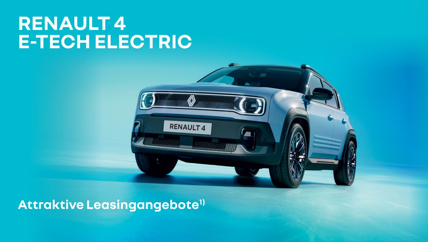 Foto mit folgendem Text: Renault 4 E-Tech Electric Leasing ab € 79/Monat*