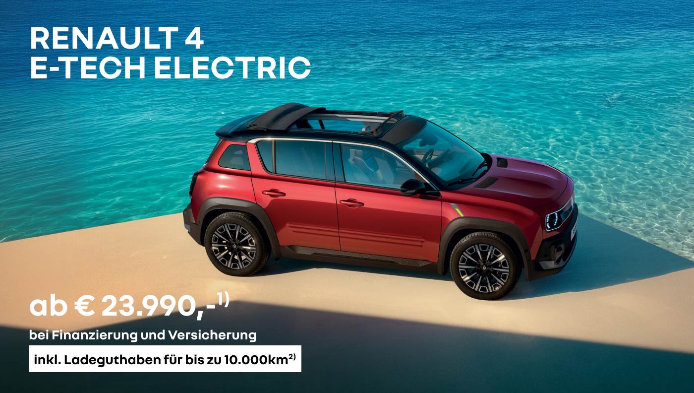 Foto mit folgendem Text: Renault 4 E-Tech Electric Leasing ab € 79/Monat* 
