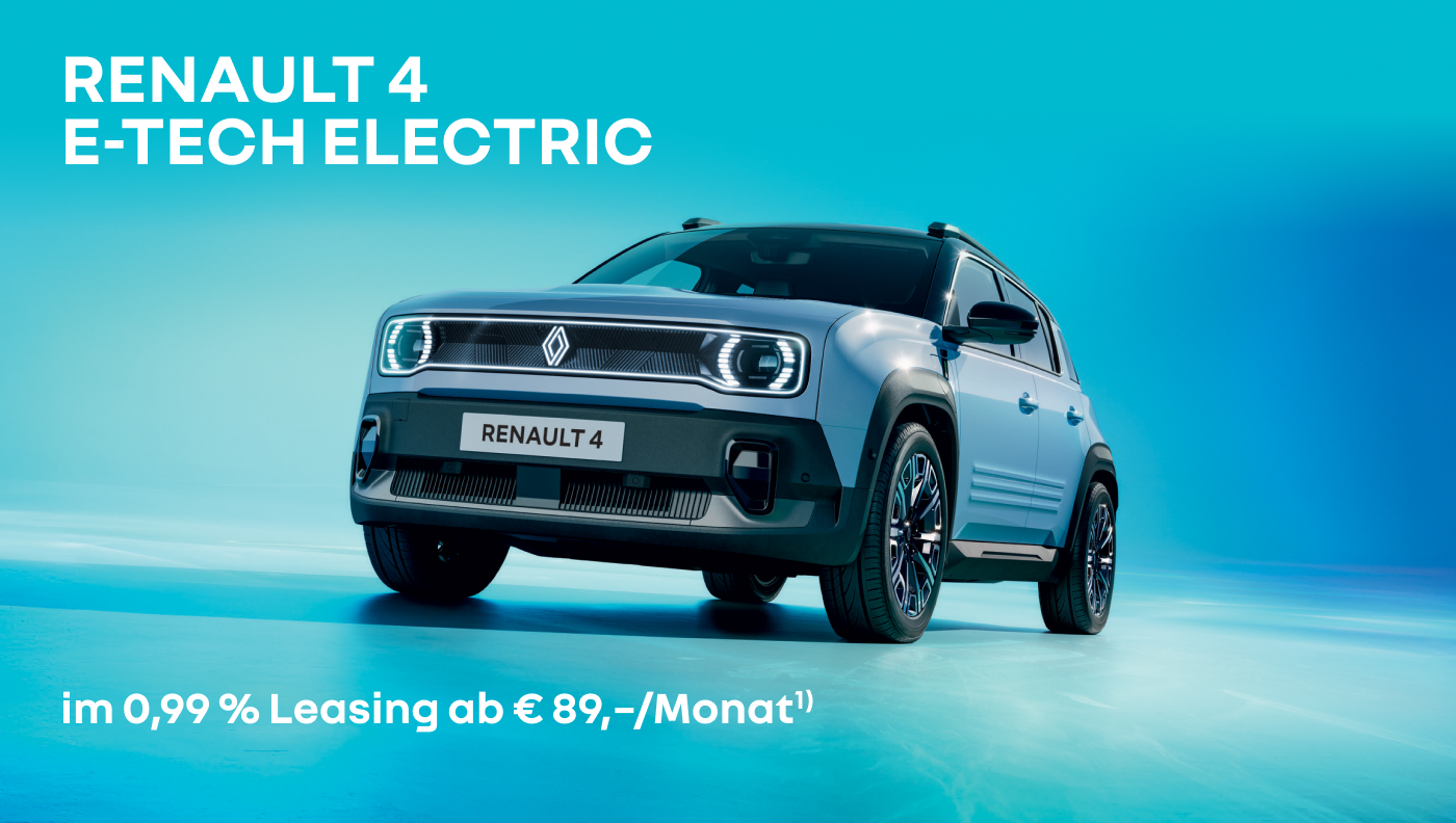 Foto mit folgendem Text: Renault 4 E-Tech Electric im 0.99% Leasing ab € 89/Monat